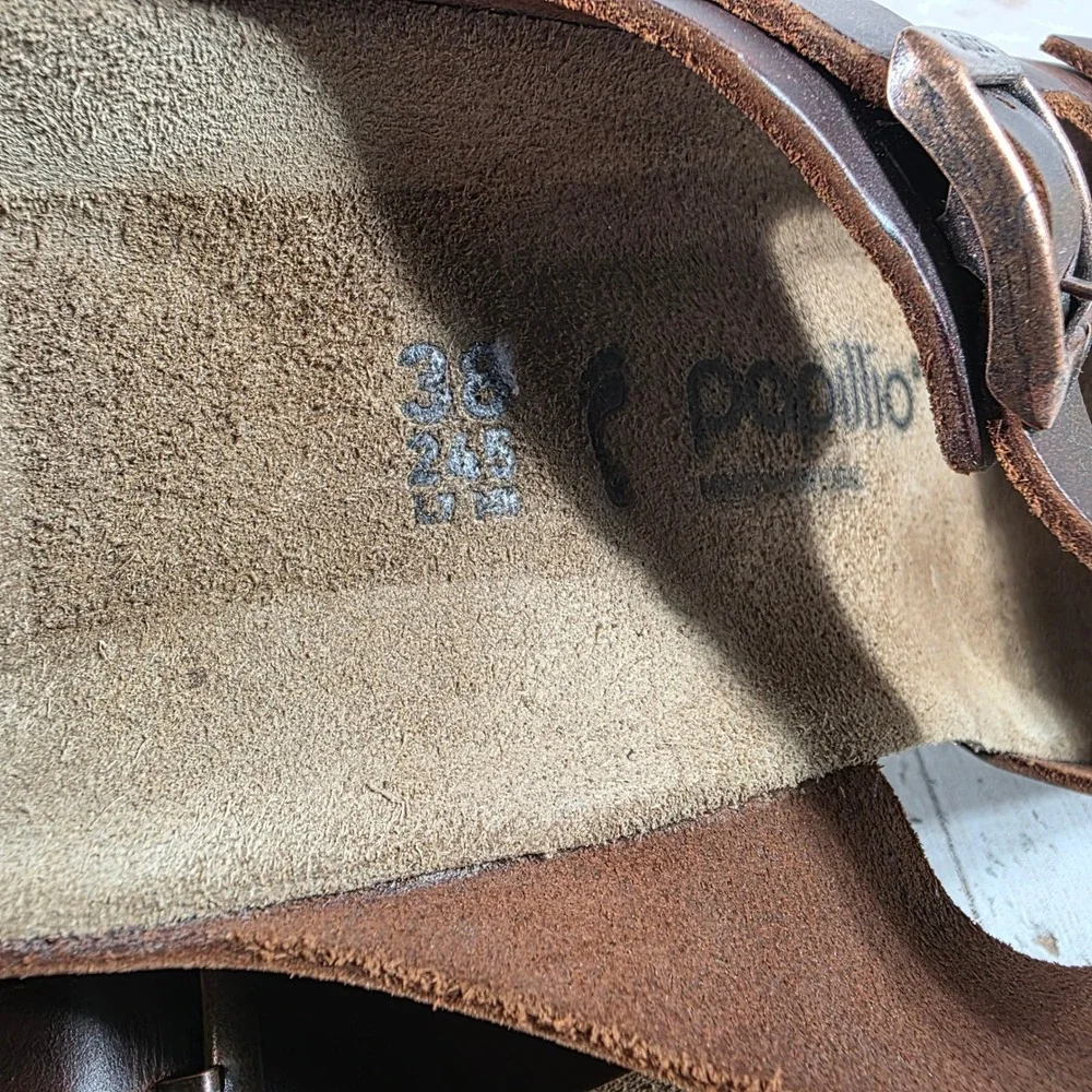 Papillio Birkenstock Lana Brown Leather Wedge Sandals Womens 38 L7 Buckle Slide